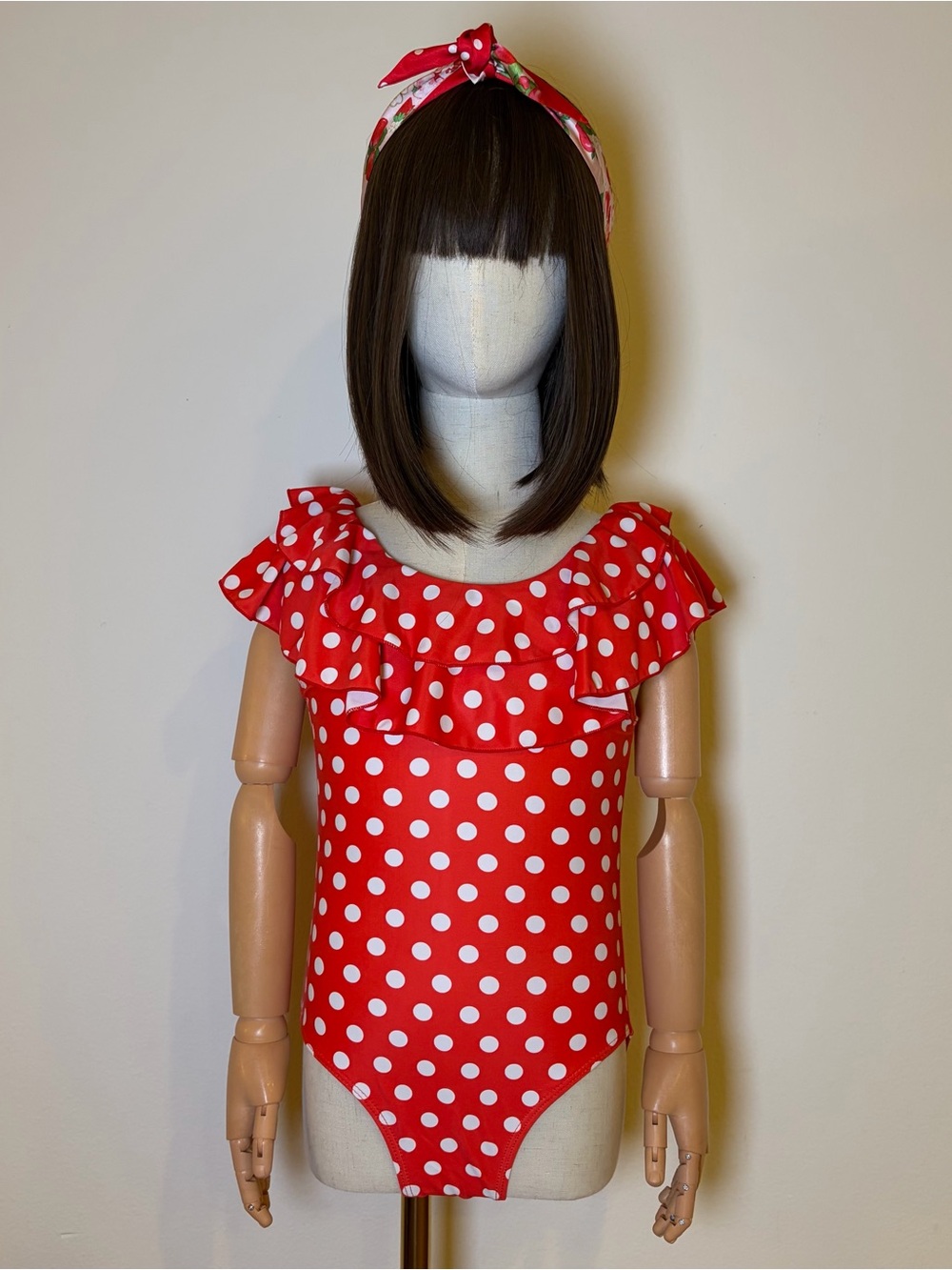 BMG Girls Red Polka Dot Ruffle Swimsuit 7/8